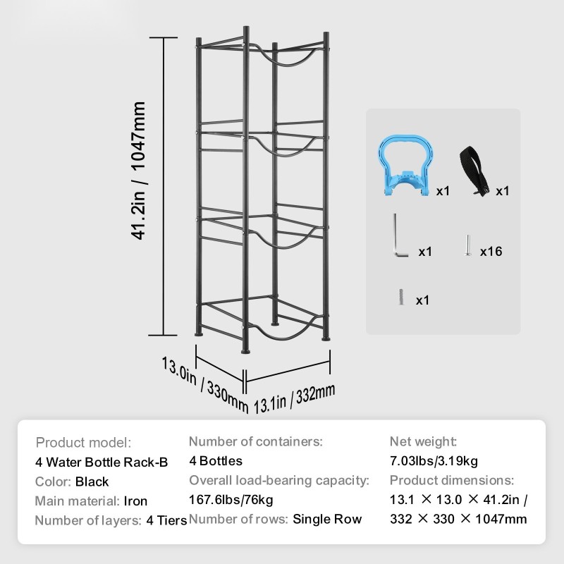 Rautainen yksirivinen nelitasoinen vesisäiliöteline neljälle pullolle musta