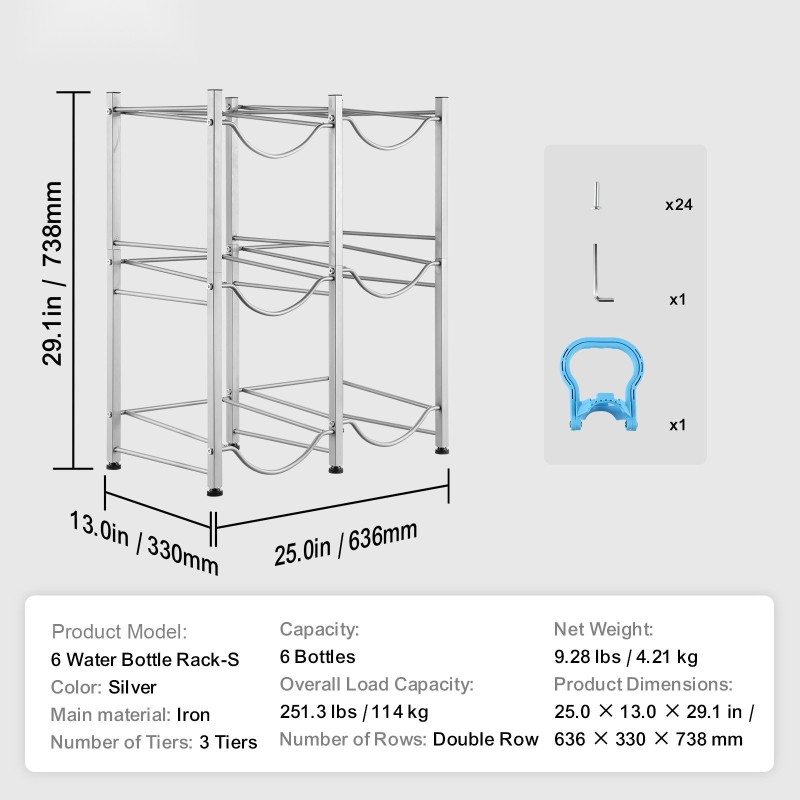 Vesipulloteline rautainen kolmitasoinen kaksoisrivinen 6 pullolle hopea