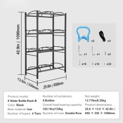 Rautainen nelitasoinen vesisäiliöteline kaksoisrivi kahdeksalle pullolle musta