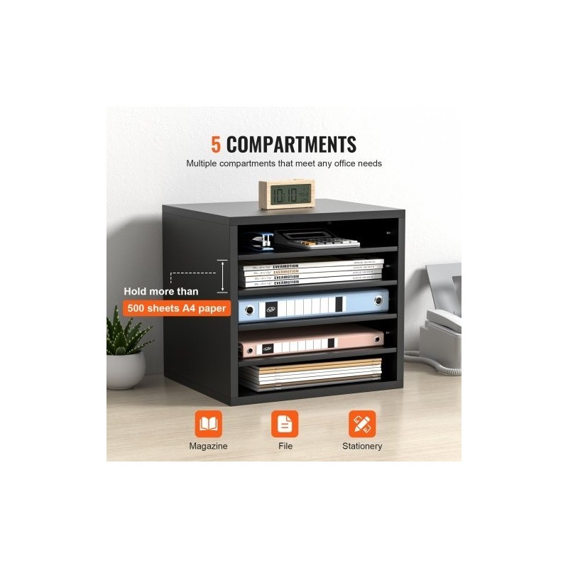 Kirjelajittelija 5 lokeroa säädettävät hyllyt P2-luokan lastulevy MDF 355x305x330 mm musta