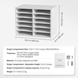 12-lokeroinen asiakirjalajittelija P2-luokan lastulevy MDF-levy valkoinen säädettävät hyllyt 52x30,5x41cm