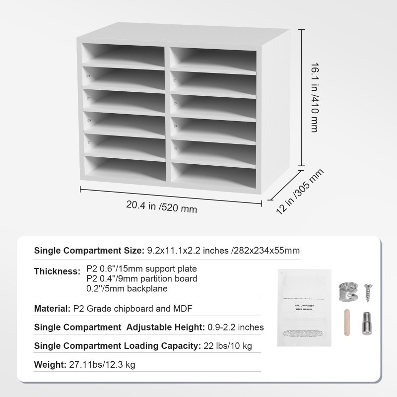 12-lokeroinen asiakirjalajittelija P2-luokan lastulevy MDF-levy valkoinen säädettävät hyllyt 52x30,5x41cm