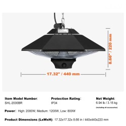 Kattokiinnitteinen infrapunalämmitin 2000W IP34 halogeeniputkilla sisä- ja ulkokäyttöön säädettävällä ketjulla vetonarulla