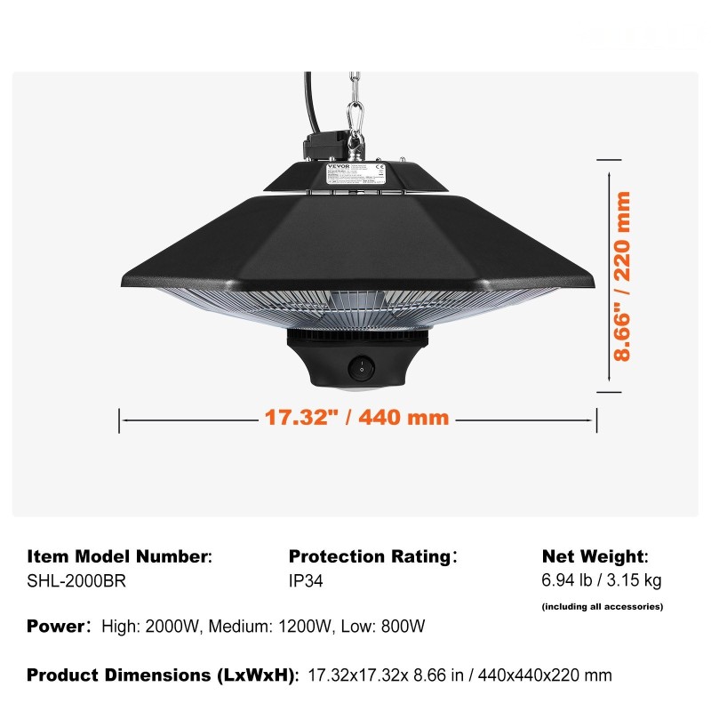 Kattokiinnitteinen infrapunalämmitin 2000W IP34 halogeeniputkilla sisä- ja ulkokäyttöön säädettävällä ketjulla vetonarulla
