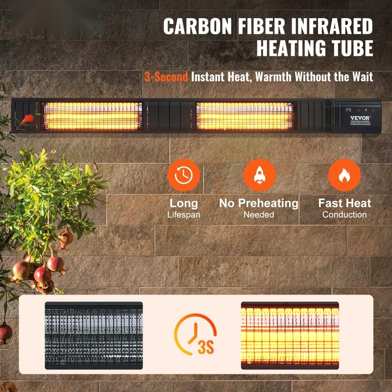 Infrapunalämmitin sähköinen 3000W hiilipohjainen lämmitysputki IP65 etäohjain 9 tehotasoa ajastin seinäkiinnitys