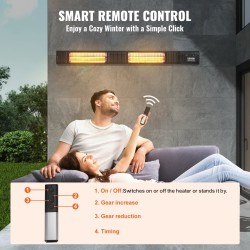 Infrapunalämmitin sähköinen 3000W hiilipohjainen lämmitysputki IP65 etäohjain 9 tehotasoa ajastin seinäkiinnitys