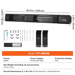 Infrapunalämmitin sähköinen 3000W hiilipohjainen lämmitysputki IP65 etäohjain 9 tehotasoa ajastin seinäkiinnitys