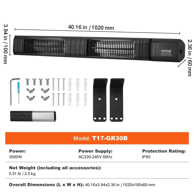 Infrapunalämmitin sähköinen 3000W hiilipohjainen lämmitysputki IP65 etäohjain 9 tehotasoa ajastin seinäkiinnitys