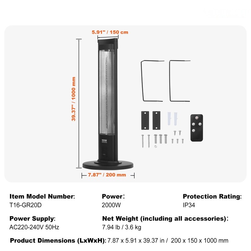 Infrapunalämmitin 2000W kaukosäätimellä 3 tehotasoa ajastin kaatumissuoja IP34