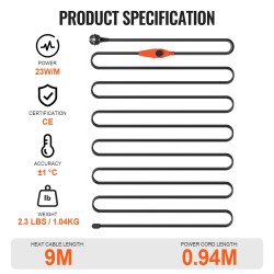 Putken lämmityskaapeli 9 m 23W/m sisäänrakennetulla termostaatilla PVC metalli muoviputkille
