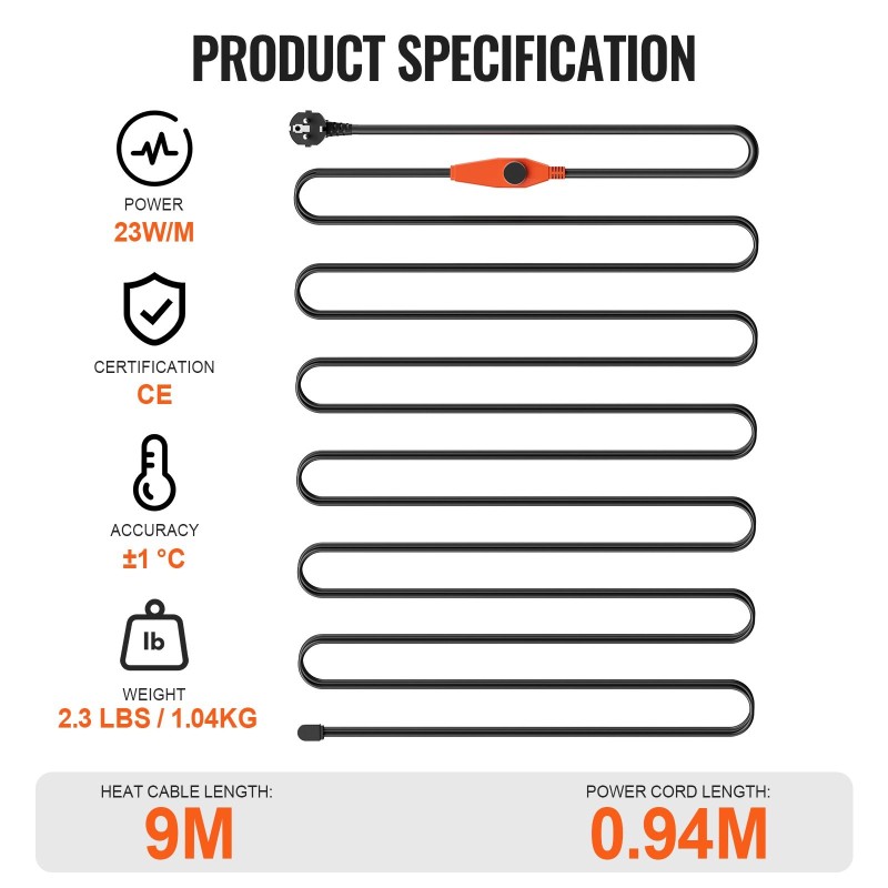 Putken lämmityskaapeli 9 m 23W/m sisäänrakennetulla termostaatilla PVC metalli muoviputkille