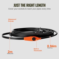 Putkilämmityskaapeli 2 m 23 W/m sisäänrakennetulla termostaatilla PVC metalli ja muoviputkille
