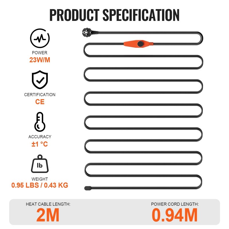 Putkilämmityskaapeli 2 m 23 W/m sisäänrakennetulla termostaatilla PVC metalli ja muoviputkille