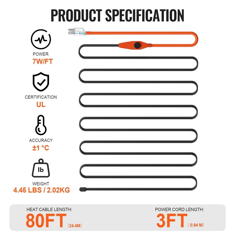 Putkien lämmityskaapeli 25 m 23 W/m sisäänrakennetulla termostaatilla PVC- ja metalliputkille