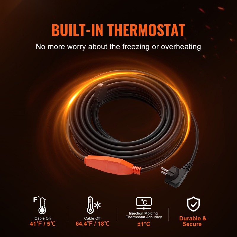 Putkilämmityskaapeli 18 m 23 W/m sisäänrakennettu termostaatti PVC-, metalli- ja muoviputkille