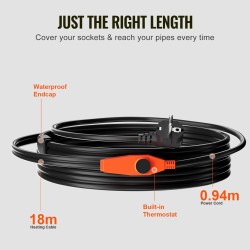 Putkilämmityskaapeli 18 m 23 W/m sisäänrakennettu termostaatti PVC-, metalli- ja muoviputkille