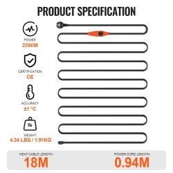 Putkilämmityskaapeli 18 m 23 W/m sisäänrakennettu termostaatti PVC-, metalli- ja muoviputkille