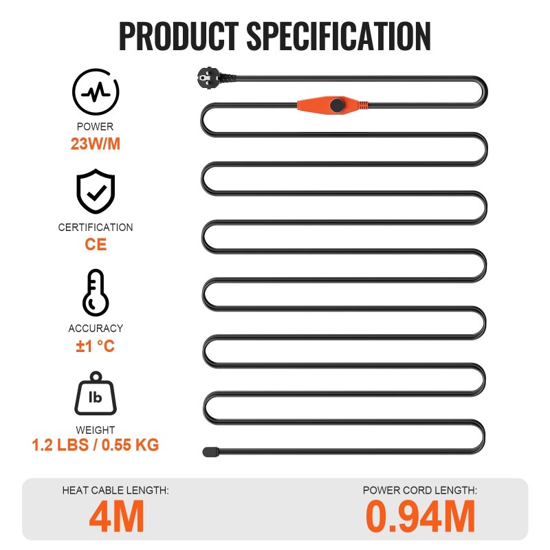 Putkilämmityskaapeli 4 m 23 W/m sisäänrakennetulla termostaatilla muovi- ja metalliputkille