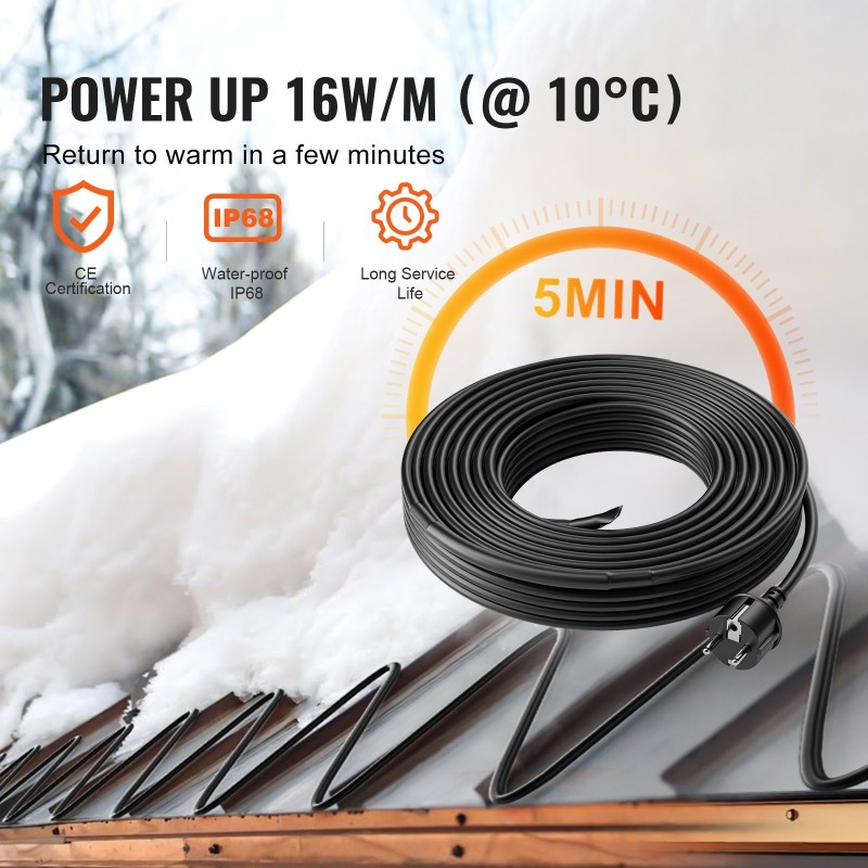 Itsesäätyvä 9 metrin lämmityskaapeli 16 wattia metriltä putkille katoille ja sadevesikouruille