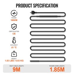 Itsesäätyvä 9 metrin lämmityskaapeli 16 wattia metriltä putkille katoille ja sadevesikouruille