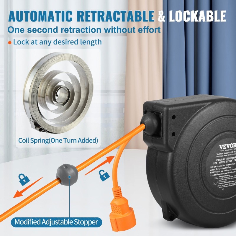 Kelautuva jatkojohtokela PP-kotelo 15 m jatkojohto 1 m syöttöjohto 1600W CE-sertifioitu