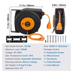 Kelautuva jatkojohtokela PP-kotelo 15 m jatkojohto 1 m syöttöjohto 1600W CE-sertifioitu