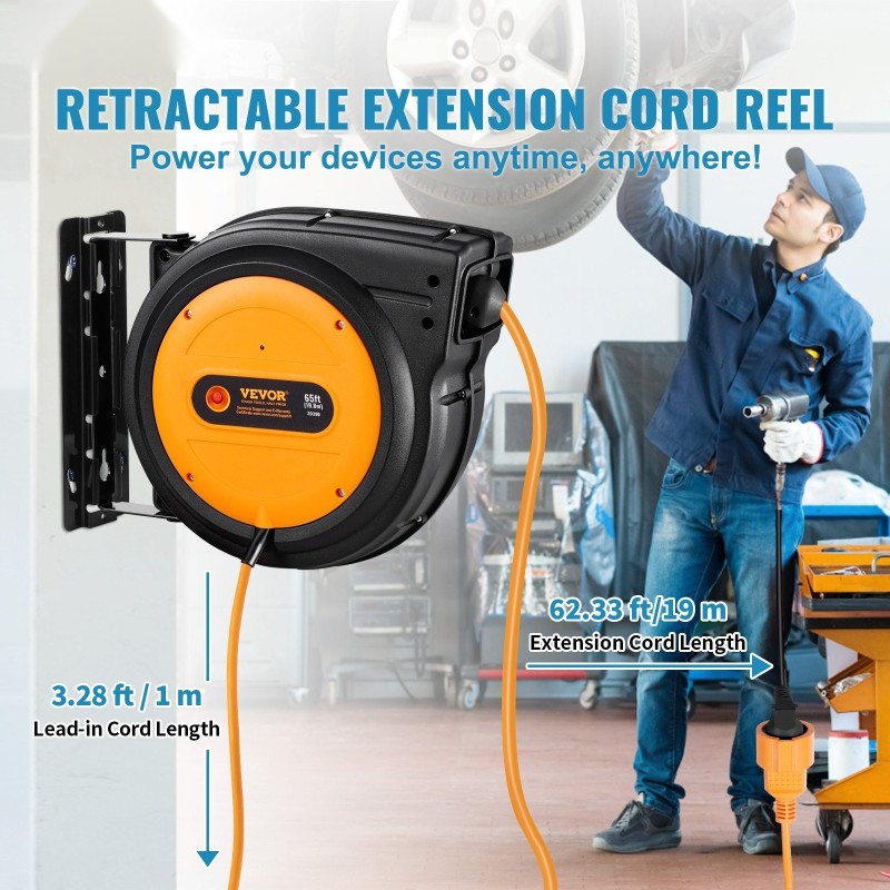 Sisäänkelautuva jatkojohdon kela 19 m 1 m syöttöjohto 1600W PP kotelo