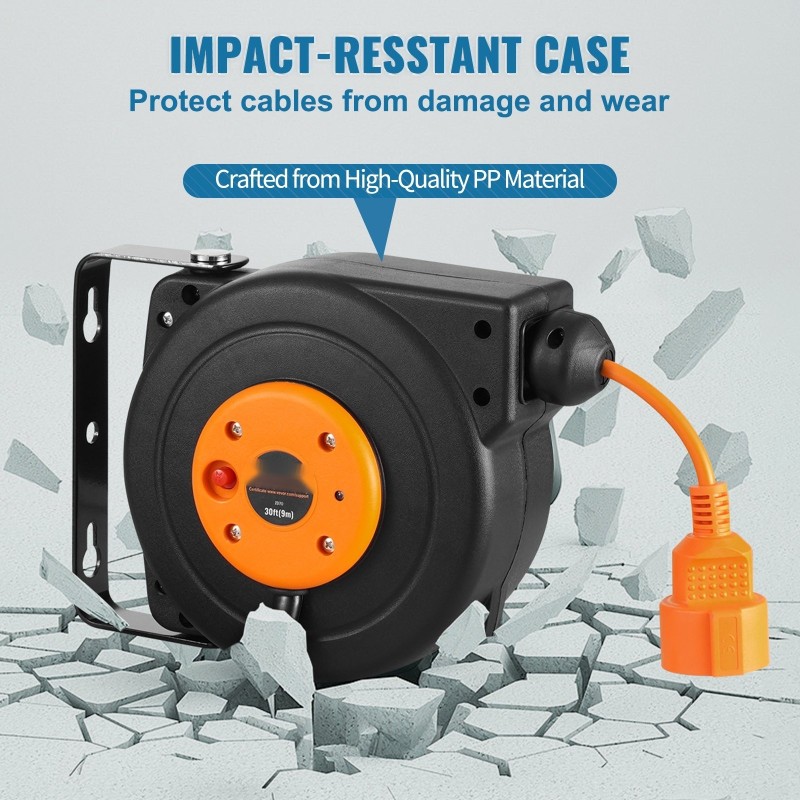 Kelautuva jatkojohtokela 9 metriä 1 metrin liitäntäjohto 1000 wattia CE-sertifioitu PP-kotelo