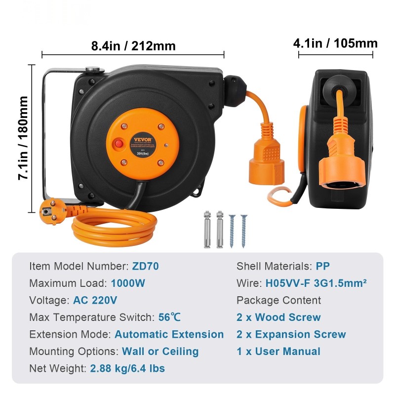 Kelautuva jatkojohtokela 9 metriä 1 metrin liitäntäjohto 1000 wattia CE-sertifioitu PP-kotelo