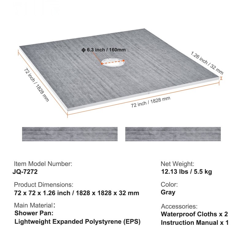 Suihkualustasarja EPS 1828 x 1828 x 32 mm keskiviemärillä 2 vesitiivistä kangasta
