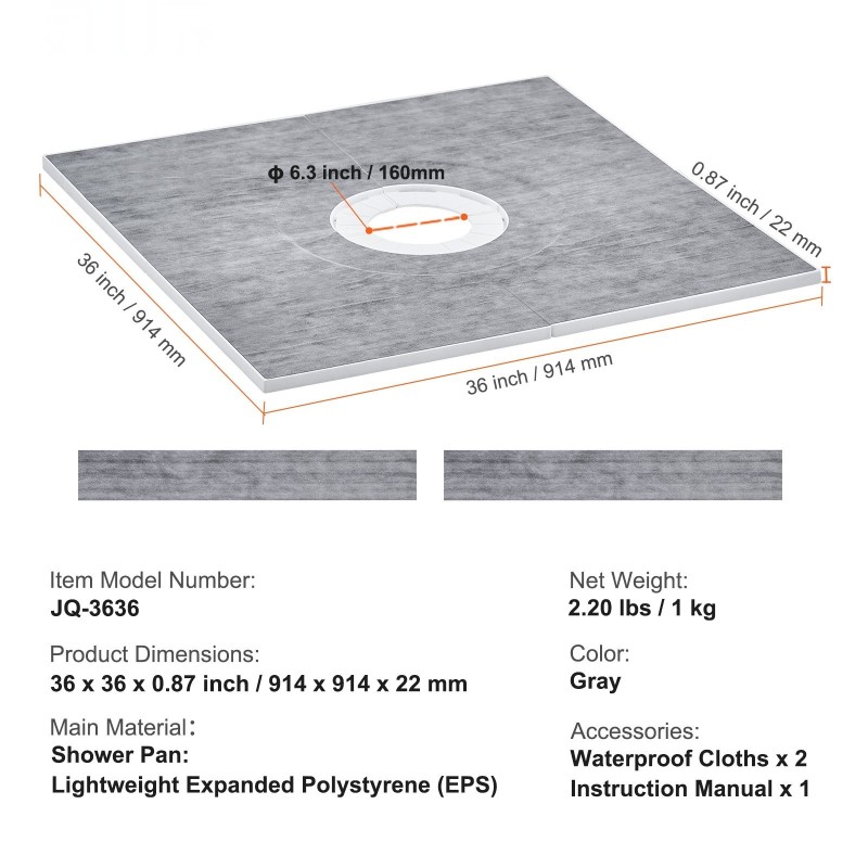 EPS suihkupohjasarja 914x914 mm keskiviemärillä 160 mm mukana 2 vesitiivistä kangasta