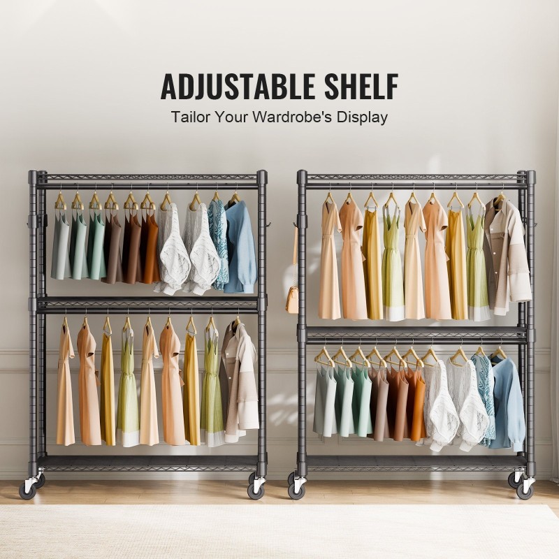 Hiiliteräksinen vaateteline pyörillä 3 hyllyä 2 tankoa korkeussäädettävä 182 kg kantavuus