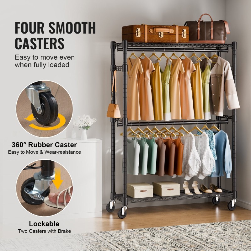 Hiiliteräksinen vaateteline pyörillä 3 hyllyä 2 tankoa korkeussäädettävä 182 kg kantavuus