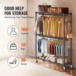 Hiiliteräksinen vaateteline pyörillä 3 hyllyä 2 tankoa korkeussäädettävä 182 kg kantavuus