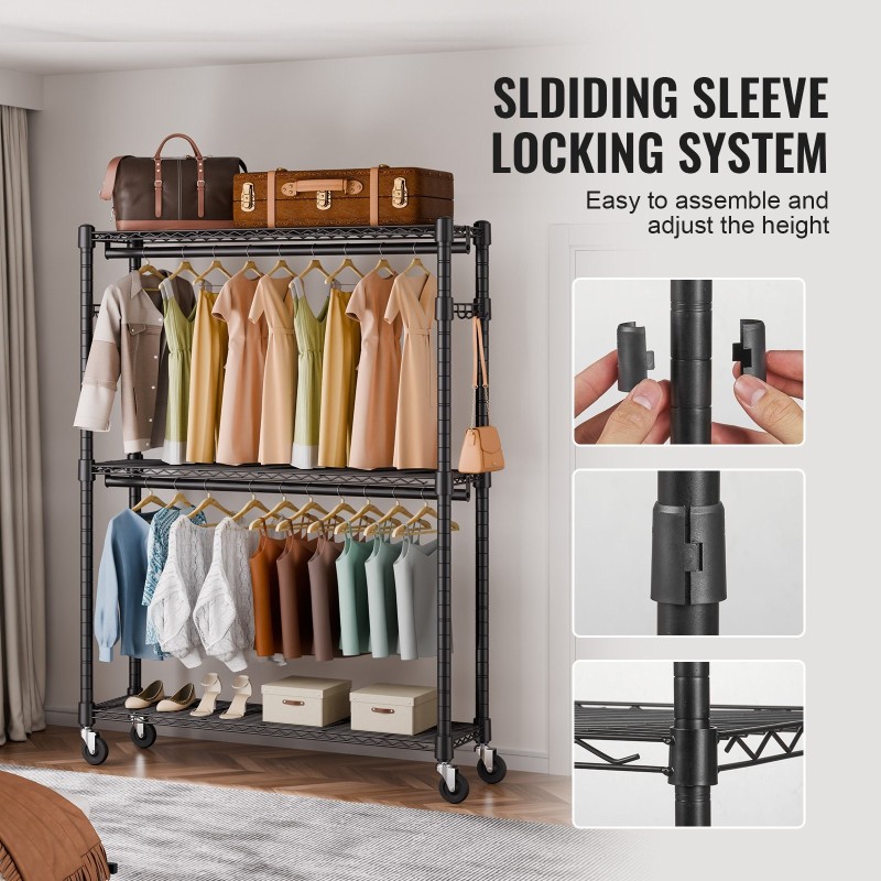 Hiiliteräksinen vaateteline pyörillä 3 hyllyä 2 tankoa korkeussäädettävä 182 kg kantavuus