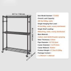 Hiiliteräksinen vaateteline pyörillä 3 hyllyä 2 tankoa korkeussäädettävä 182 kg kantavuus