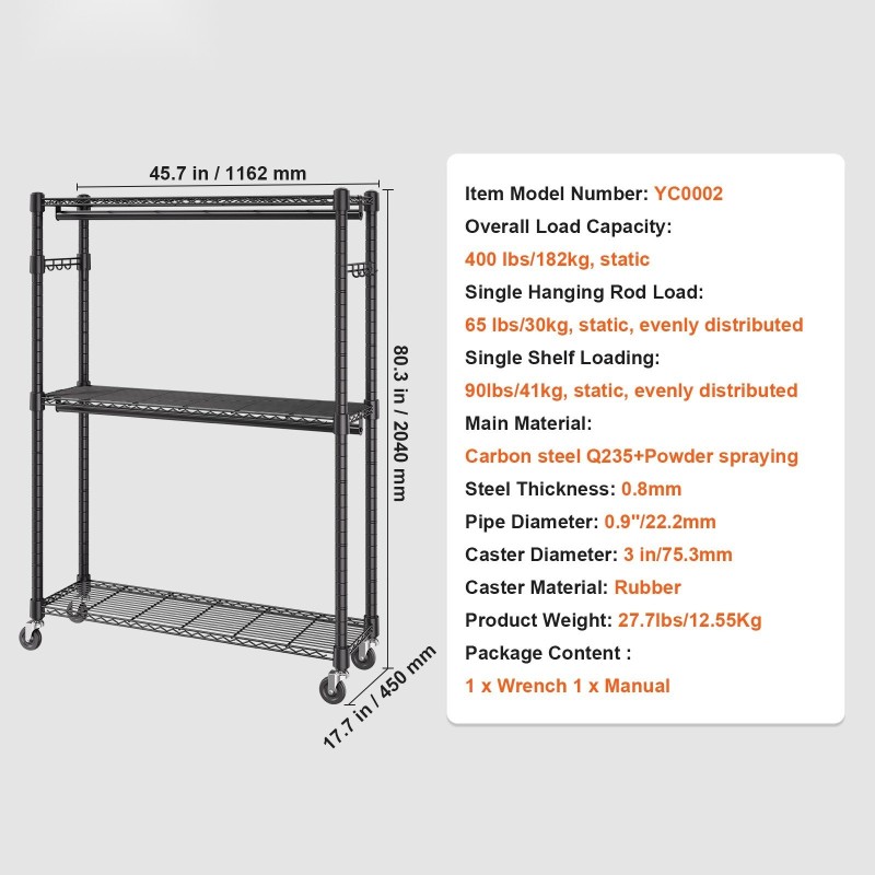Hiiliteräksinen vaateteline pyörillä 3 hyllyä 2 tankoa korkeussäädettävä 182 kg kantavuus