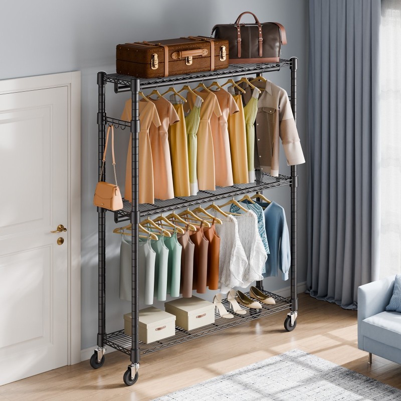 Hiiliteräksinen vaateteline pyörillä 3 hyllyä 2 tankoa korkeussäädettävä 182 kg kantavuus