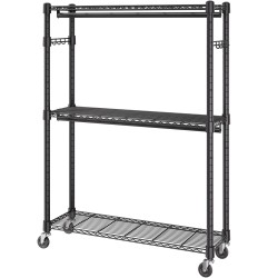 Hiiliteräksinen vaateteline pyörillä 3 hyllyä 2 tankoa korkeussäädettävä 182 kg kantavuus