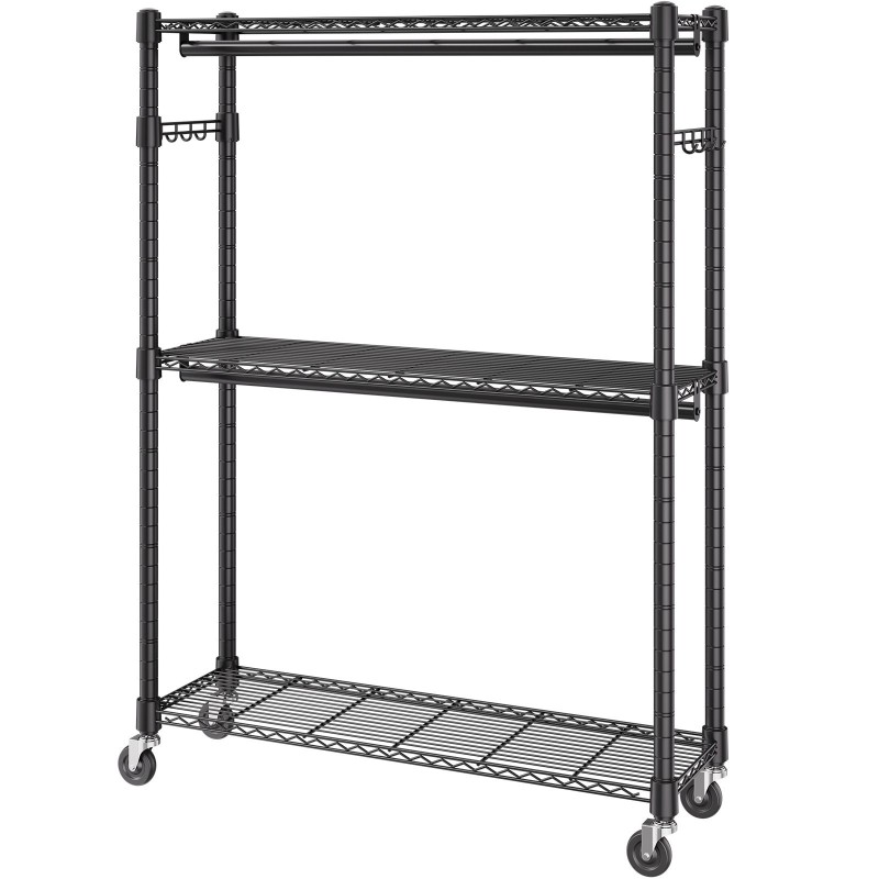 Hiiliteräksinen vaateteline pyörillä 3 hyllyä 2 tankoa korkeussäädettävä 182 kg kantavuus