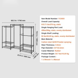 Vaateräkki hiiliteräsrakenne 4 ripustustankoa 8 hyllyä 174x45x180 cm 362,9 kg kantavuus