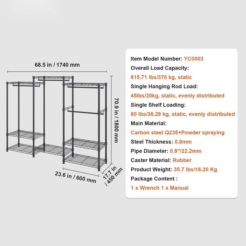 Vaateräkki hiiliteräsrakenne 4 ripustustankoa 8 hyllyä 174x45x180 cm 362,9 kg kantavuus