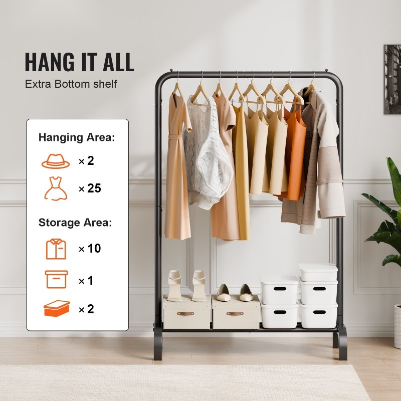 Vaateripustin hiiliteräksinen 25,4 mm putkella alaohyllyllä U-jalustalla liukuestotyynyillä makuuhuoneeseen