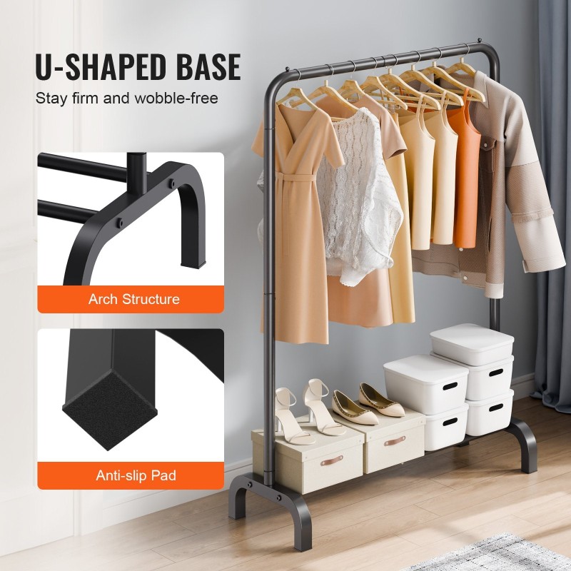 Vaateripustin hiiliteräksinen 25,4 mm putkella alaohyllyllä U-jalustalla liukuestotyynyillä makuuhuoneeseen