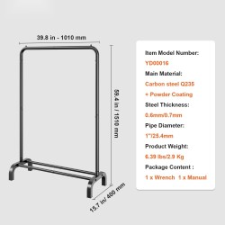 Vaateripustin hiiliteräksinen 25,4 mm putkella alaohyllyllä U-jalustalla liukuestotyynyillä makuuhuoneeseen