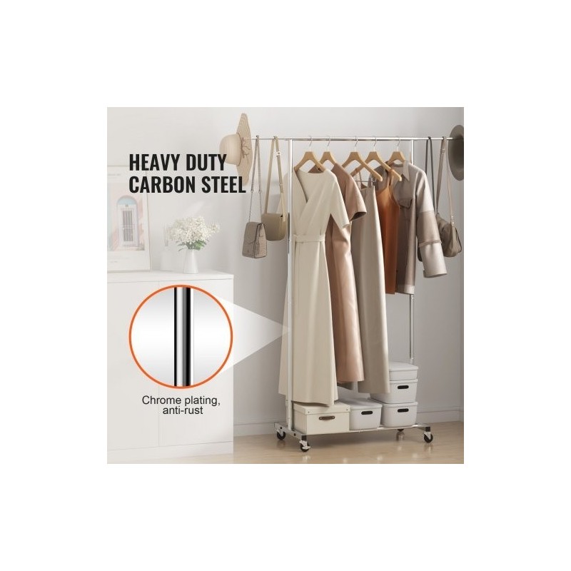 Vaateteline hiiliteräs kromipinnoitteella säädettävä 78–138 cm ylätanko alahylly 4 pyörää 2 lukittavaa