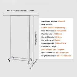 Vaateteline hiiliteräs kromipinnoitteella säädettävä 78–138 cm ylätanko alahylly 4 pyörää 2 lukittavaa