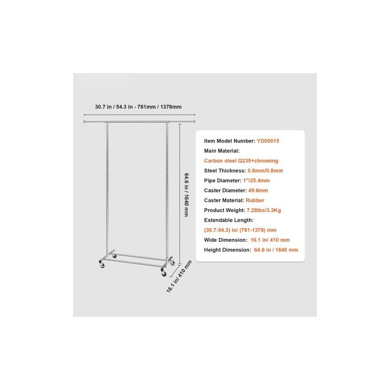 Vaateteline hiiliteräs kromipinnoitteella säädettävä 78–138 cm ylätanko alahylly 4 pyörää 2 lukittavaa
