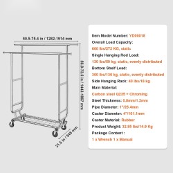 Hiiliteräs vaateräkki kahdella vaatetangolla säädettävällä korkeudella jatkettavalla pituudella alahyllyllä 272 kg