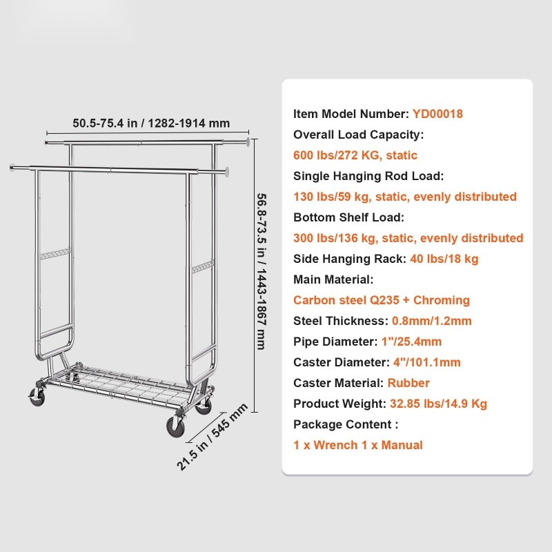 Hiiliteräs vaateräkki kahdella vaatetangolla säädettävällä korkeudella jatkettavalla pituudella alahyllyllä 272 kg